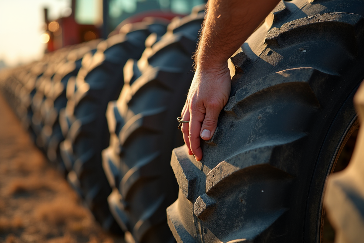 Fermier inspectant des pneus de tracteur alignes