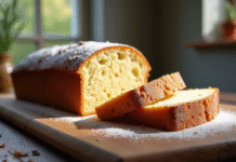 Tranche de gâteau maison sans levure sur table en bois