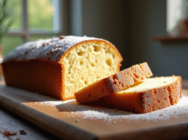 Tranche de gâteau maison sans levure sur table en bois