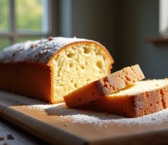 Tranche de gâteau maison sans levure sur table en bois