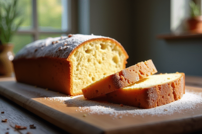 Tranche de gâteau maison sans levure sur table en bois