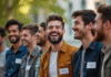 Groupe de jeunes hommes rieurs en plein air avec noms en 'I'