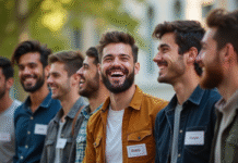 Groupe de jeunes hommes rieurs en plein air avec noms en 'I'
