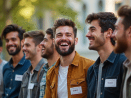 Groupe de jeunes hommes rieurs en plein air avec noms en 'I'