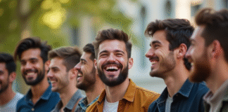 Groupe de jeunes hommes rieurs en plein air avec noms en 'I'