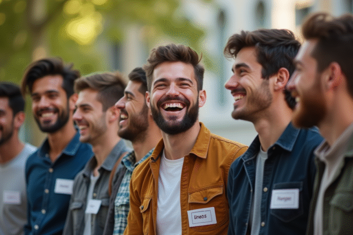 Groupe de jeunes hommes rieurs en plein air avec noms en 'I'