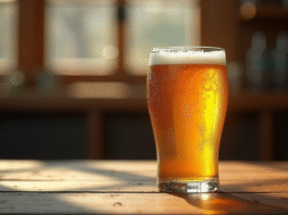 Verre de IPA fraîche avec condensation sur une table en bois