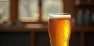 Verre de IPA fraîche avec condensation sur une table en bois