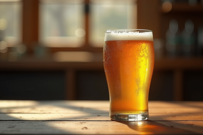 Verre de IPA fraîche avec condensation sur une table en bois