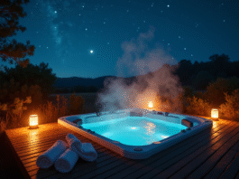 Jacuzzi extérieur chaud la nuit sous un ciel étoilé
