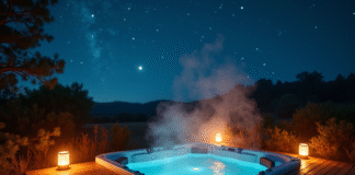 Jacuzzi extérieur chaud la nuit sous un ciel étoilé