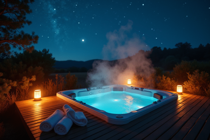 Jacuzzi extérieur chaud la nuit sous un ciel étoilé