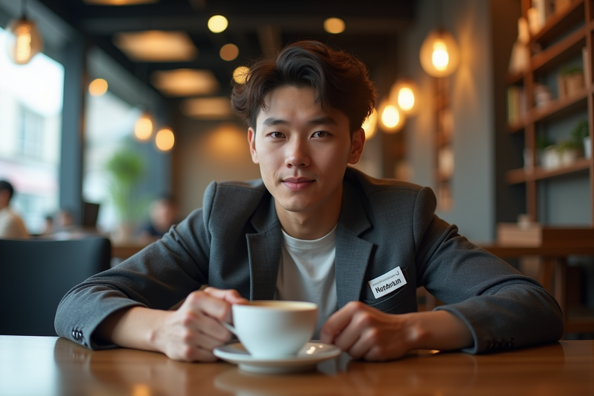Jeune homme stylé au café avec ordinateur portable et cappuccino
