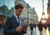 Jeune professionnel utilisant une tablette dans Paris en matinée