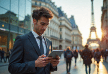 Jeune professionnel utilisant une tablette dans Paris en matinée