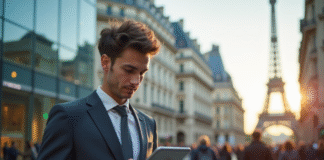 Jeune professionnel utilisant une tablette dans Paris en matinée