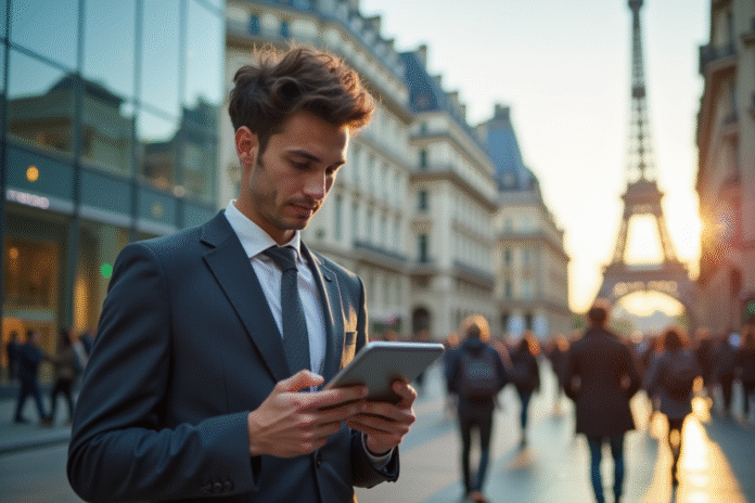 Jeune professionnel utilisant une tablette dans Paris en matinée