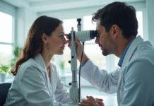 Optometristes examinant un patient dans une clinique moderne