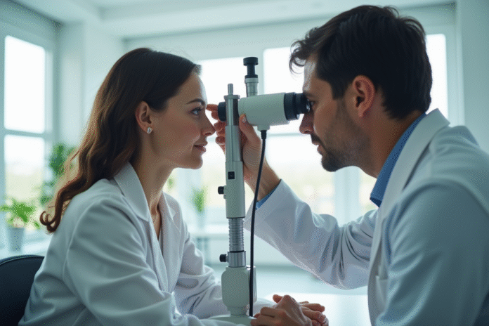 Optometristes examinant un patient dans une clinique moderne