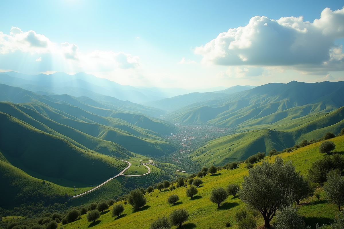 Vue panoramique près de Constantine avec collines vertes et routes rurales