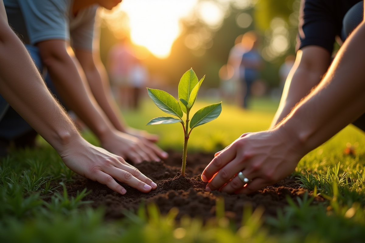 Groupe de personnes plantant un jeune arbre dans un cimetière vert