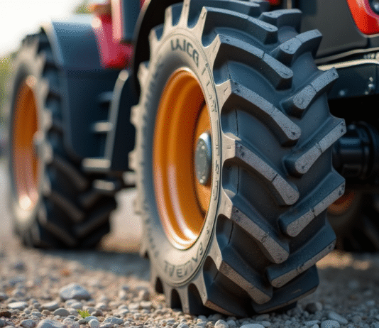Gros plan d'un pneu de tracteur usé en extérieur