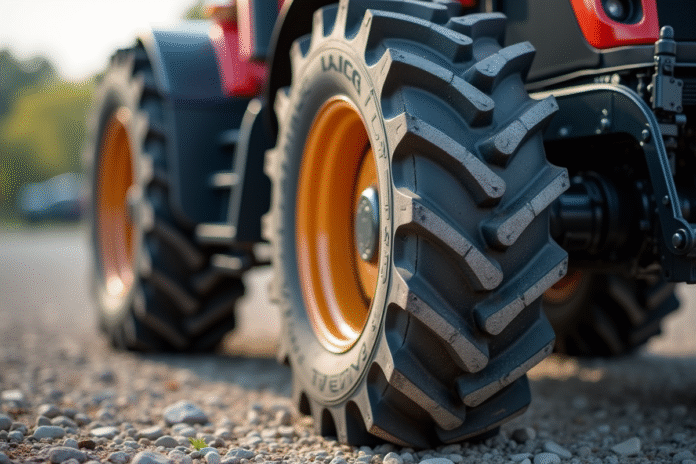 Gros plan d'un pneu de tracteur usé en extérieur