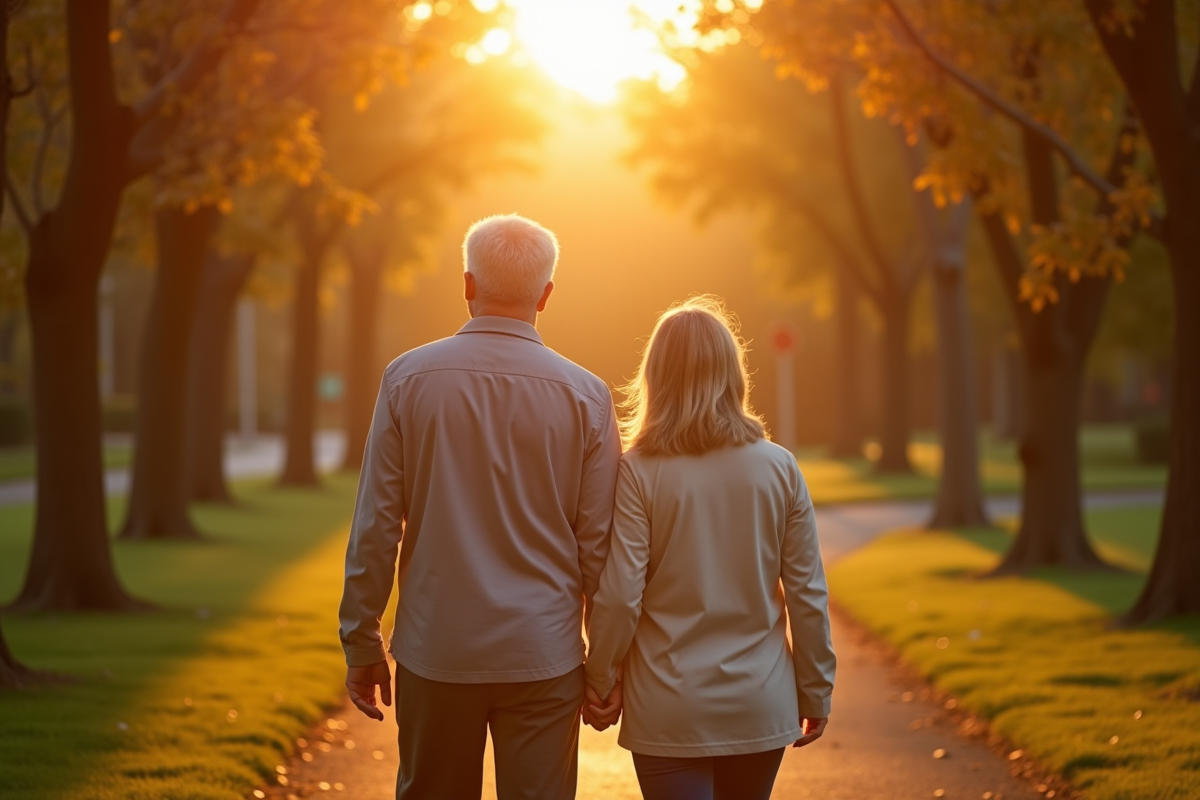 Couple marchant dans un parc au coucher du soleil