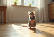 Rat gris curieux debout sur un sol en bois lumineux