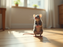 Rat gris curieux debout sur un sol en bois lumineux