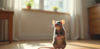 Rat gris curieux debout sur un sol en bois lumineux