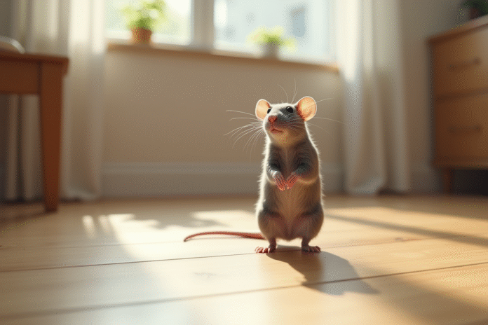 Rat gris curieux debout sur un sol en bois lumineux