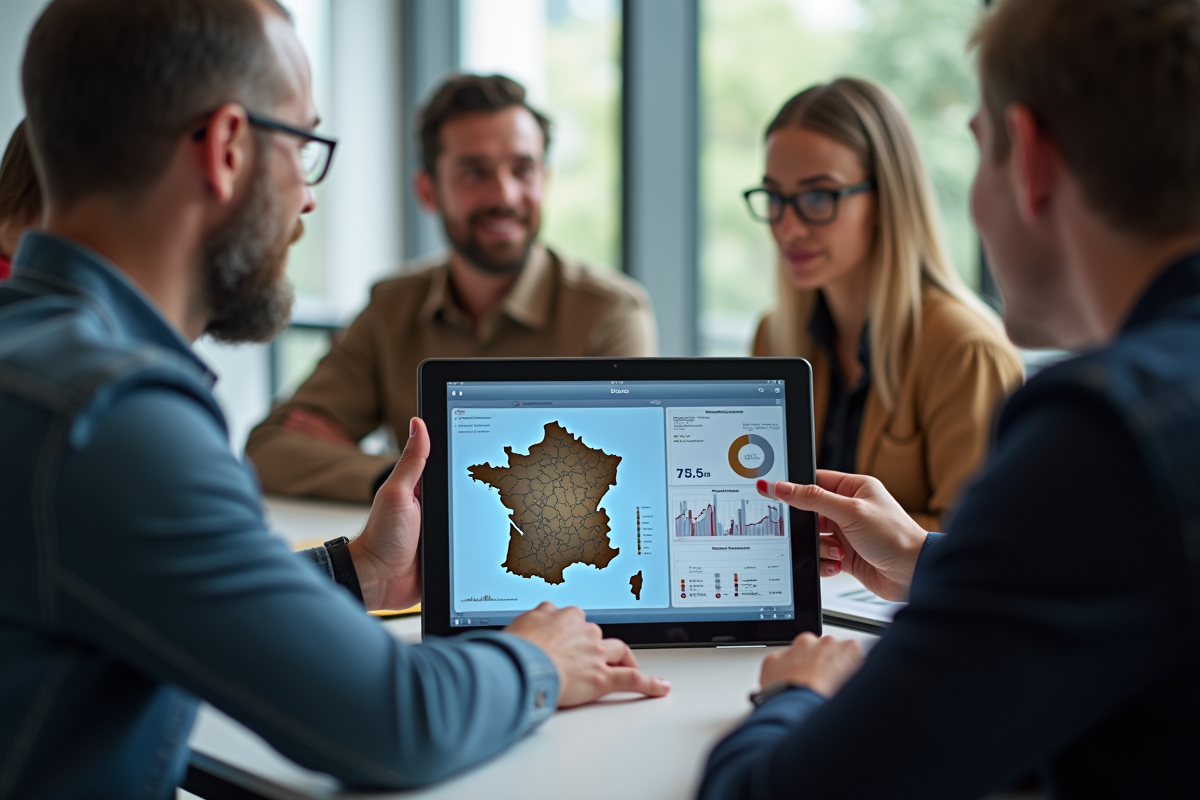 Groupe de personnes analysant une carte de France sur une tablette