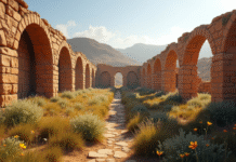 Ruines romaines à Tiddis en Algérie avec arches en pierre et collines rouges