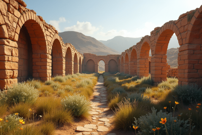 Ruines romaines à Tiddis en Algérie avec arches en pierre et collines rouges