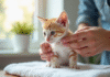 Personne donnant un vermifuge à un chaton sur une serviette blanche