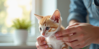 Personne donnant un vermifuge à un chaton sur une serviette blanche