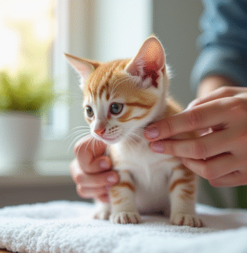 Personne donnant un vermifuge à un chaton sur une serviette blanche