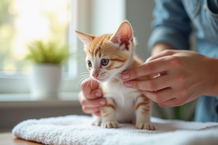 Personne donnant un vermifuge à un chaton sur une serviette blanche