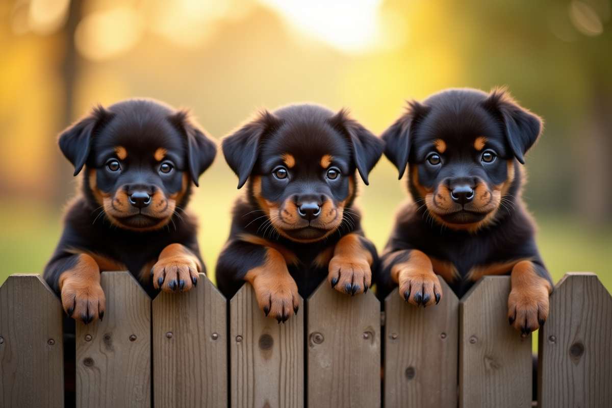 Trois chiots rottweiler regardant par-dessus une barriere en matinée