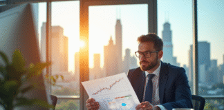 Analyste financier examinant des graphiques de bonds colorés dans un bureau lumineux