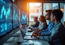 Espace de travail moderne avec professionnels et écrans interactifs