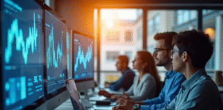 Espace de travail moderne avec professionnels et écrans interactifs