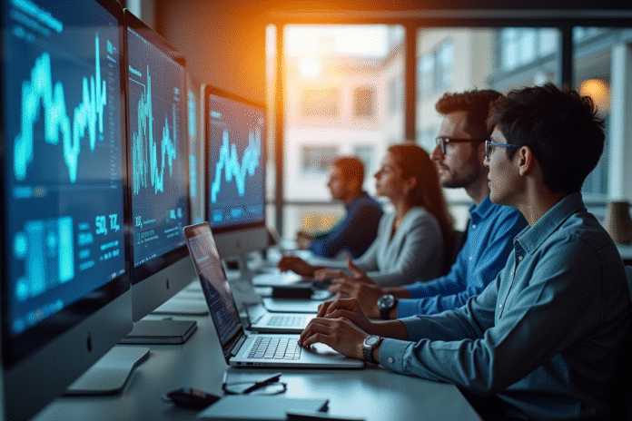 Espace de travail moderne avec professionnels et écrans interactifs
