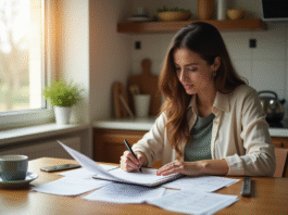 Femme à la cuisine vérifiant ses factures en matinée