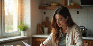 Femme à la cuisine vérifiant ses factures en matinée