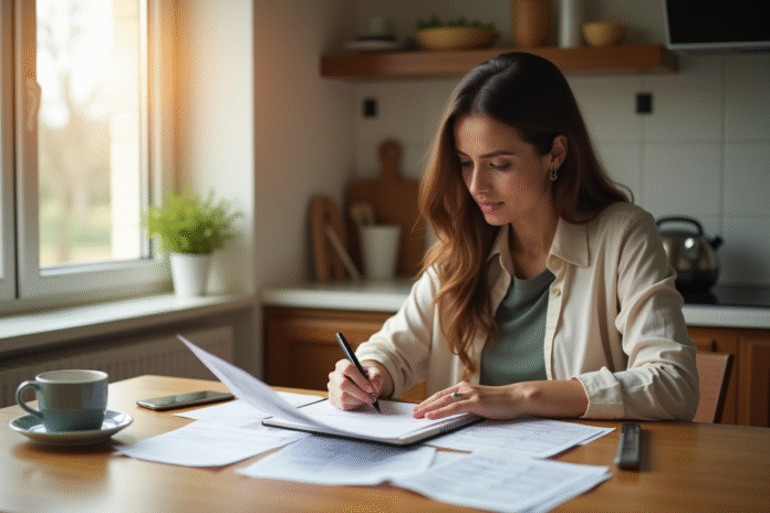 Femme à la cuisine vérifiant ses factures en matinée