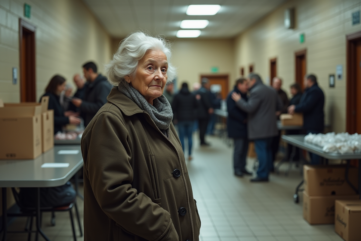 Femme âgée dans une banque alimentaire en file d