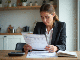 Femme d'âge moyen vérifiant son relevé bancaire à la maison