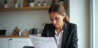 Femme d'âge moyen vérifiant son relevé bancaire à la maison